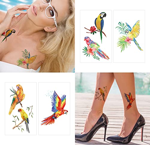 16 folhas de aquarela papagaio pássaros tatuagens temporárias para mulheres meninas, colorida macaw