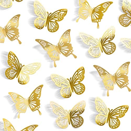 Decoração de borboleta dourada tixiquns decoração de parede, 48pcs 2 estilos 3 tamanhos, adesivos de borboletas
