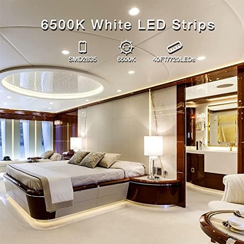 Daybetter 2 Pacote Luz de tira de LED branca, luz de corda brilhante de 40 pés, tiras leves de 6500k