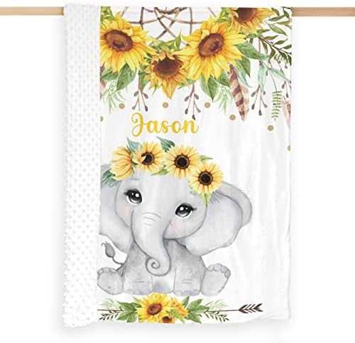Boho Sunflower Elephant Planta de bebê personalizada para meninos meninas, cobertor macio de camada dupla