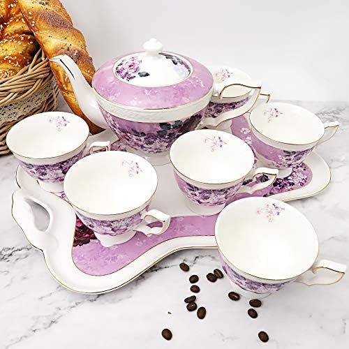 Fanquare 8 peças British Porcelain Tea Conjunto, Purple Floral China Tea Conjunto para mulheres, British Tea Service com bandeja