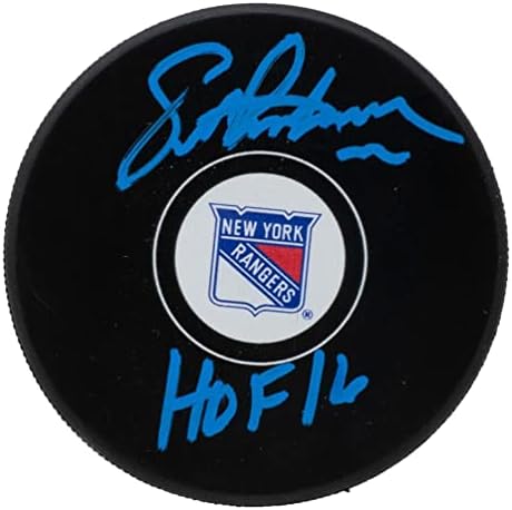 Eric Lindros assinou o logotipo do New York Rangers Hockey Puck Hof 16 inscrito JSA - Pucks autografados