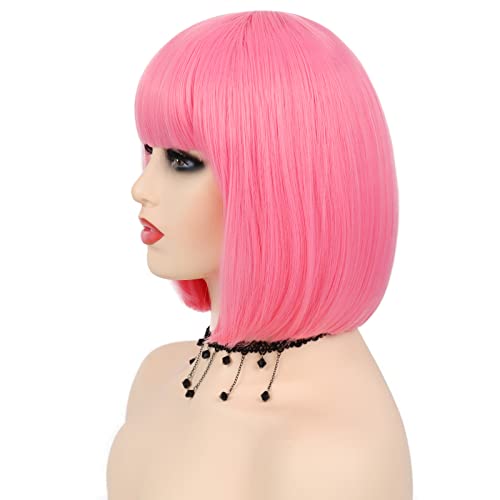 Peruca rosa de g & t peruca com franja plana perucas retas curtas para mulheres comprimentos de calor perucas