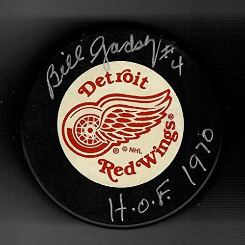 Bill Gadsby assinou e inscreveu Hof 1970 Detroit Red Wings Octopus Puck - Pucks de NHL autografados