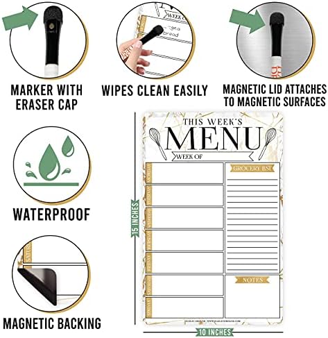 Planejador de refeições semanal Placa de apagamento seco para geladeira - quadro de menu semanal de mármore