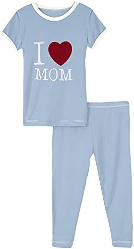 Kickee Pants Pijama de apliques de duas peças com mangas curtas, eu amo mamãe criança pijamas