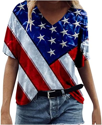 Camisas ocidentais para mulheres American Flag Print Tops V Camiseta de manga curta 4 de julho Independência
