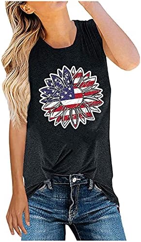 Bandeira americana feminina Tops de 4 de julho 4º sem mangas/manga curta Tireta t-shirt Print T-shirt Casual