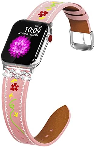 Compatível com Apple Watch Band 38/40/41/42/44/45/49mm, cinta de couro de flor para Apple Watch Series 7 6 5 4