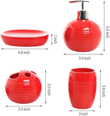 Mygift 4 peças Modern Red Ceramic Banheiro Acessório Conjunto com design de nervuras, inclui bomba de dispensador
