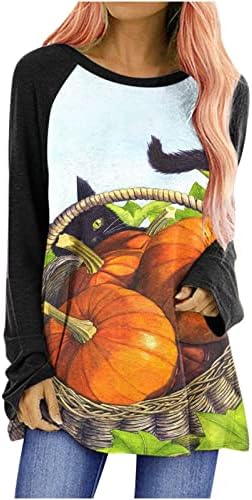 Halloween Casual de manga longa Tops para meninas adolescentes Tops de pescoço redondos de mulheres lixo Halloween Print Graphic Shirt