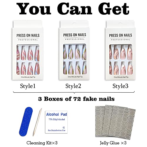 72 PCS Pressione Almond em pregos médios unhas falsas pregos falsos com design de brilho cola brilhante brilhante em unhas para mulheres meninas （3packs)