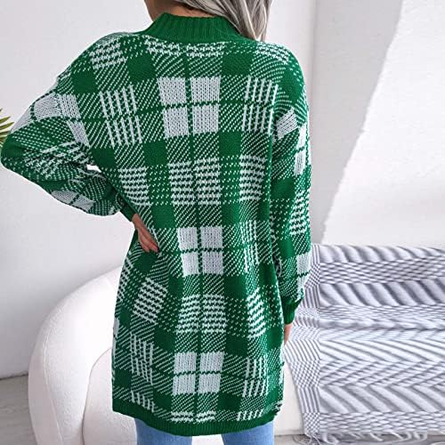 Cardigã frontal aberto feminino colorblock de manga comprida suéter malha