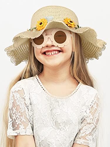 2 PCs Girls Summer Summer Straw Hat com óculos de sol redondos definidos para crianças