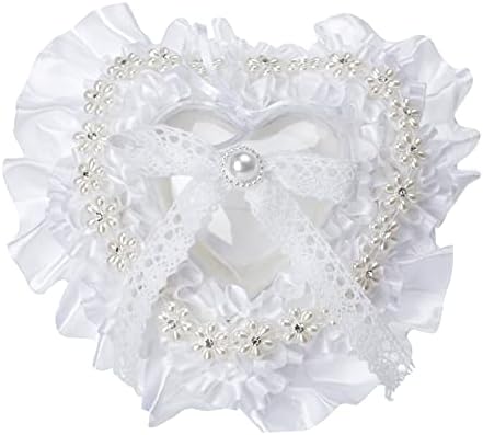 Travesseiro de anel de casamento de lalilali, caixa romântica de forma de coração de renda com fita pérola branca portador para cerimônias, branco brilhante, 7,9 em