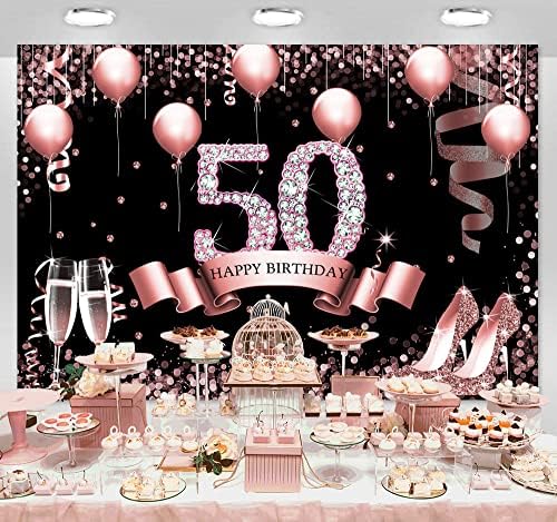 Sensfun Rose Gold Happy Happy 50th Birthday Birthday Bornoft para mulheres Glitter Diamons Balões de salto