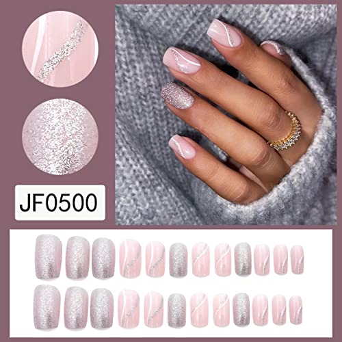 Fuldgaenr Silver Pink Series Pressione nas unhas linhas minimalistas brancas glitter unhas falsas doces
