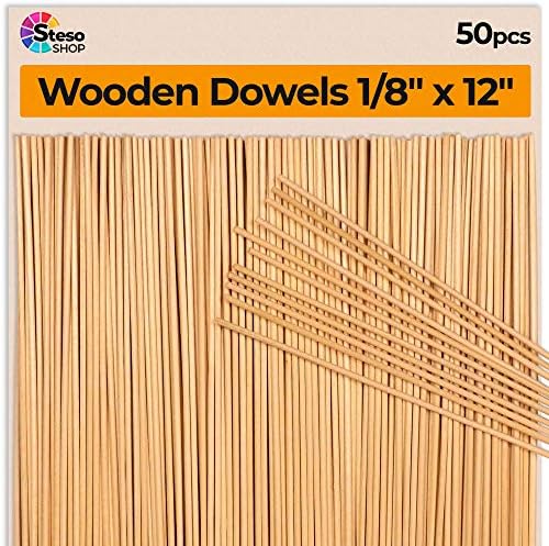 Hastes de dobra de madeira stesoShop - haste fina 12 polegadas - 1/8 cavilhas - 50 PCs - Wood Dowels Crafts - Melhor preço - Wood Dowels for Wedding Ribbon Wands - 30cm -3mmø