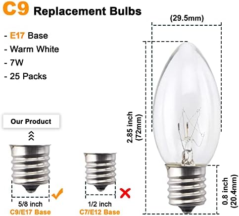 Tioriy 25 pacote C9 Bulbos incandescentes - C9 Substituição Bulbo transparente para luz de cordas de Natal, decoração