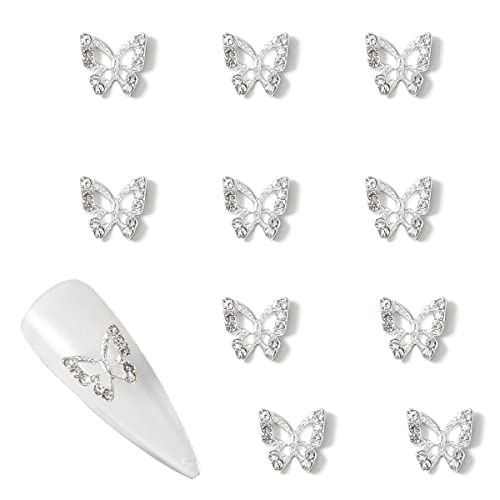 10pcs pregos de borboleta encantos 3d prata unhas de borboleta jóias de luxo borboletas metálicas com strass