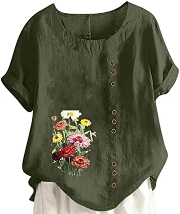 Camiseta da blusa para meninas adolescentes de linho de linho curto de algodão Crew Neck Daisy Floral Graphic