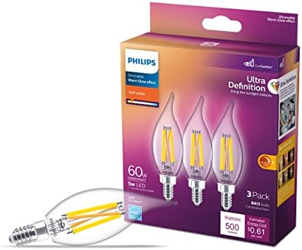 Philips LED Ultra Definition Definition Freewing Dimmable, tecnologia de conforto ocular, lâmpada de vidro transparente de 2700k Ba11 de 2700k, 500 lúmen, 5w = 60w, base E12, título 20 certificado, 3-pacote
