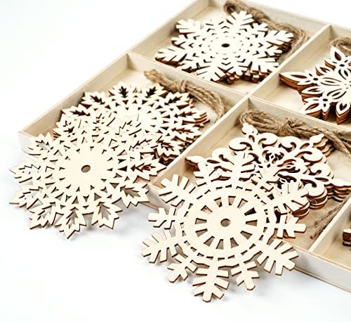 Houísm 30pcs Ornamentos de flocos de neve de madeira, pingente decorativo de madeira de Natal de 4 polegadas, embelezes