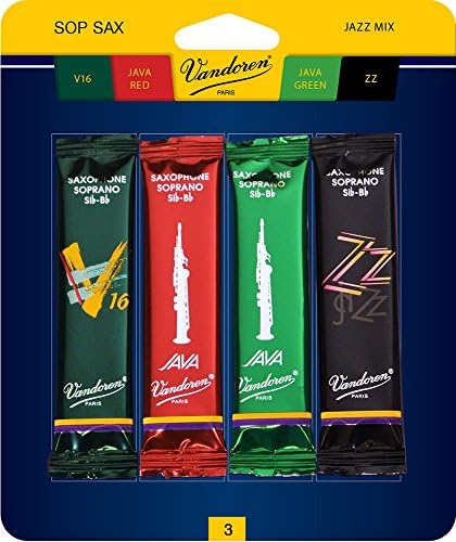 Vandoren Srmixs25 Soprano Sax Jazz Reed Mix Card inclui 1 cada ZZ, V16, Java Green e Java Red Strength