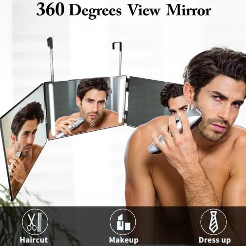 Espelho de 3 vias uhdod com luzes LED para corte de cabelo self 360 barbeiro espelho de espelhos tríforados portátil,