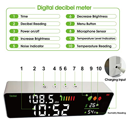 Medidor de decibéis pendurar o medidor de nível de som 11in grande exibição de LED + tempo + umidade
