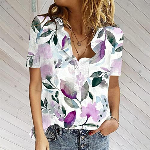 Tops de linho de algodão para mulheres Button Down V Bloups de pescoço Tops 2023 camisetas de impressão floral