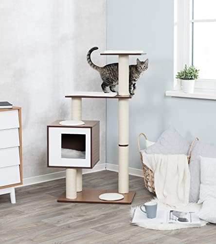 Trixie Avoca Modern Wooden Cat Tower com postes de arranhões, condomínio, duas plataformas, tapetes removíveis,