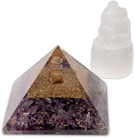 Desejo bem o cristal de ametista de pirâmide orgona com torre de selenita - gerador de orgone pirâmide