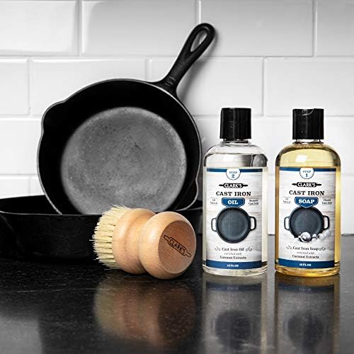 Kit de cuidados com ferro fundido com óleo de coco - inclui óleo de tempero, sabão, escova de esfolia