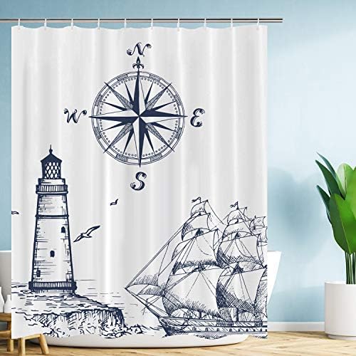 Cortina de chuveiro náutico de barco de vela de vimcir, farol e bússola azul marinho de banheiro, cortinas de