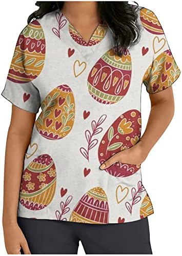Tops de roupas de trabalho da Páscoa para mulheres ovos coloridos impressos de manga curta uniformes férias
