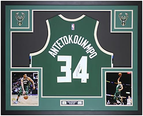 Giannis Antetokounmpo Autografou Green Milwaukee Bucks Jersey - lindamente emaranhado e emoldurado -