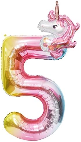 Keriloo 40 polegadas Rainbow Número 5 Balões com unicórnio destacável Hélio Digital Digital Colorful Birthday