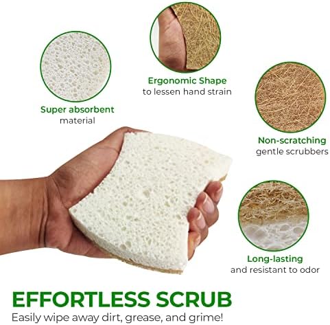 Esponja de cozinha natural biodegradaável - esponja de lavador de celulose e coco compostável - pacote de 12