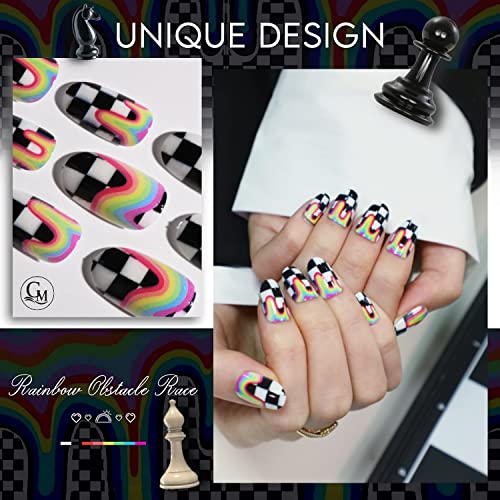 Pressione as unhas de amêndoa curta média, 24pcs acrílico oval unhas falsas com o checkerboard arco -íris design