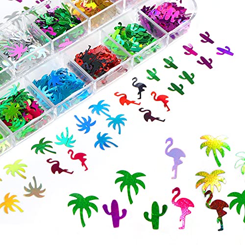 Litadores holográficos da arte de unhas de verão lantejoulas de unhas, 12Grids colorido de palmeira