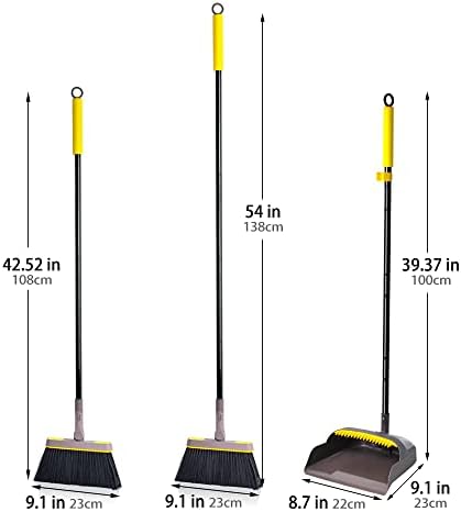 Dolanx Broom e Dustpan pronto para casa com alça de 54 polegadas de comprimento, pan de poeira na posição vertical com dentes, vassoura de 180 graus de cabeça giratória para o quarto de cozinha de cozinha em casa piso de escritório interior externo