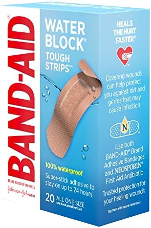 Bloco de água de Band-AID Bloco de água d'água d'água de ataduras adesivas duras para cuidados com feridas de primeiros socorros, bandagens à prova d'água duráveis ​​para proteger pequenos cortes, queimaduras e arranhões, todo o tamanho, 20 ct