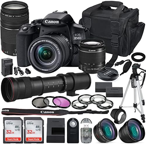 Câmera DSLR da Canon EOS EOS 850D com pacote de lentes de 18-55mm e 75-300mm + 420-800mm MF Lente Zoom + 2x Memória de Sandisk de 32 GB + pacote de acessórios, incluindo lentes auxiliares, tripé, caixa da câmera e mais