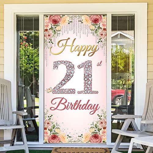 Htdzzi 21st Birthday Door Banddrop Banner, Feliz 21º aniversário decorações para ela, Rose Gold Floral Floral