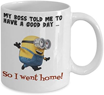 O Butcher Shop Funny White Minion Coffee caneca para o escritório - meu chefe me disse para ter um bom