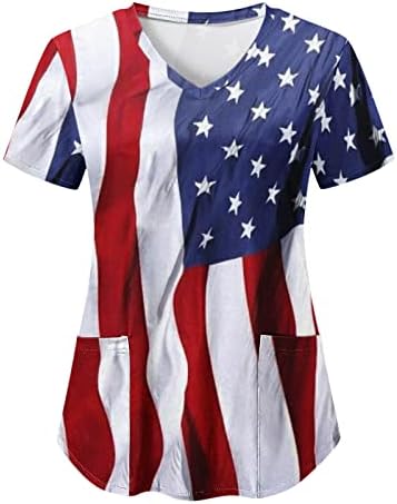 4 de julho Tops for Women USA Flag Summer Summer Manga curta V camiseta de pescoço com 2 bolsos Bloups Holiday Casual Workwear