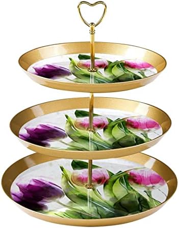 Conjunto de exibição de mesa de sobremesa, suporte de cupcakes de ouro, bandeja de sobremesa, bandeja de porção de 3 camadas, suporte de camada de copo, suporte para bolo de casamento para mesa de sobremesa, tulipas de rosa pintando aquarela