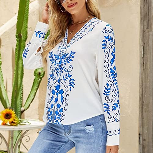 Camisa camponesa mexicana para mulheres, manga longa de impressão floral ocidental Button Down Down Tampe