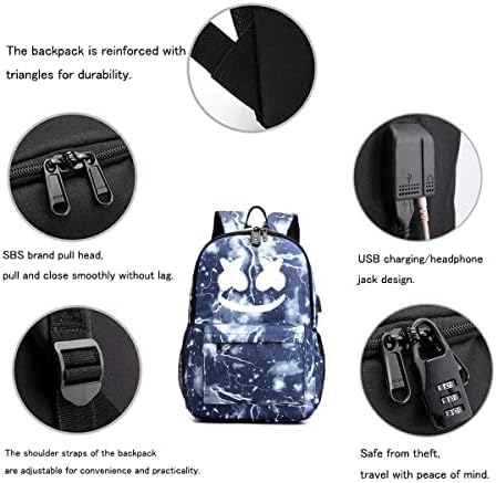 Sorria mochila luminosa com porta de carregador USB e porta de fone de ouvido, mochila de laptop de música